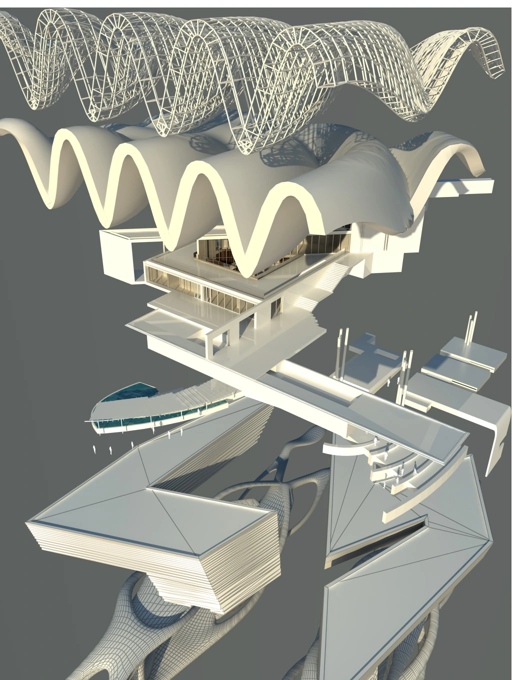 Canopy, bathing spaces and adjoining research spaces