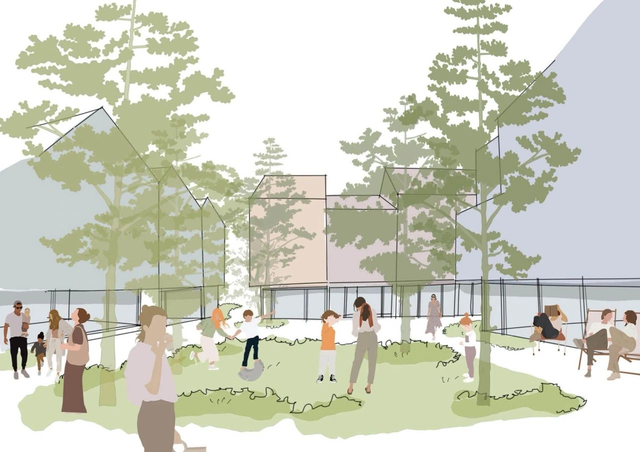 Courtyard perspective showing proposed shared spaces and neighbourhood uses.