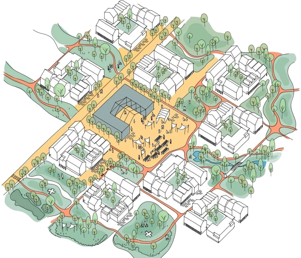 District axonometric: courtyard neighbourhoods arranged around a shared gathering place. Competition proposal, 2025.