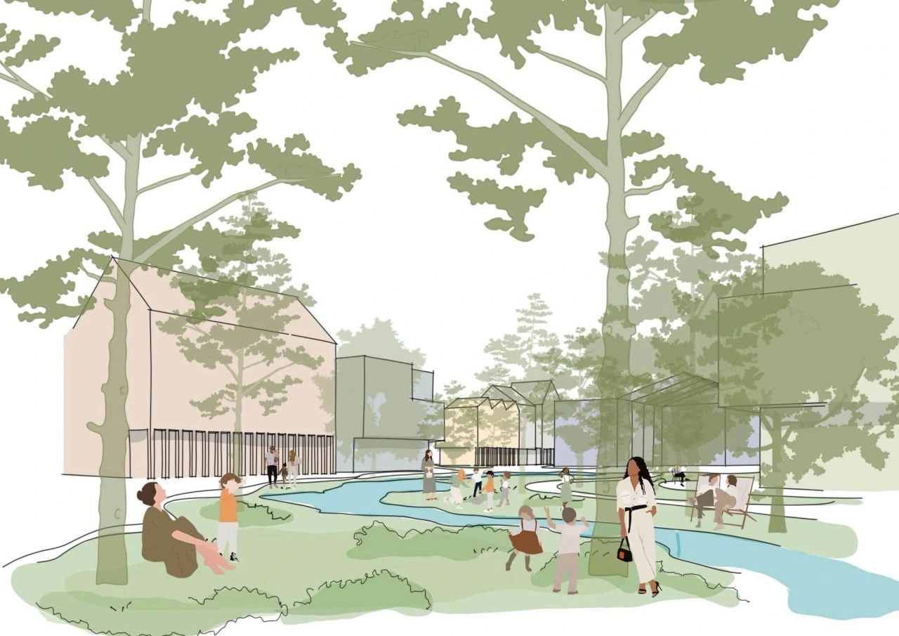 Landscape and water-space perspective, illustrating the proposed public realm.
