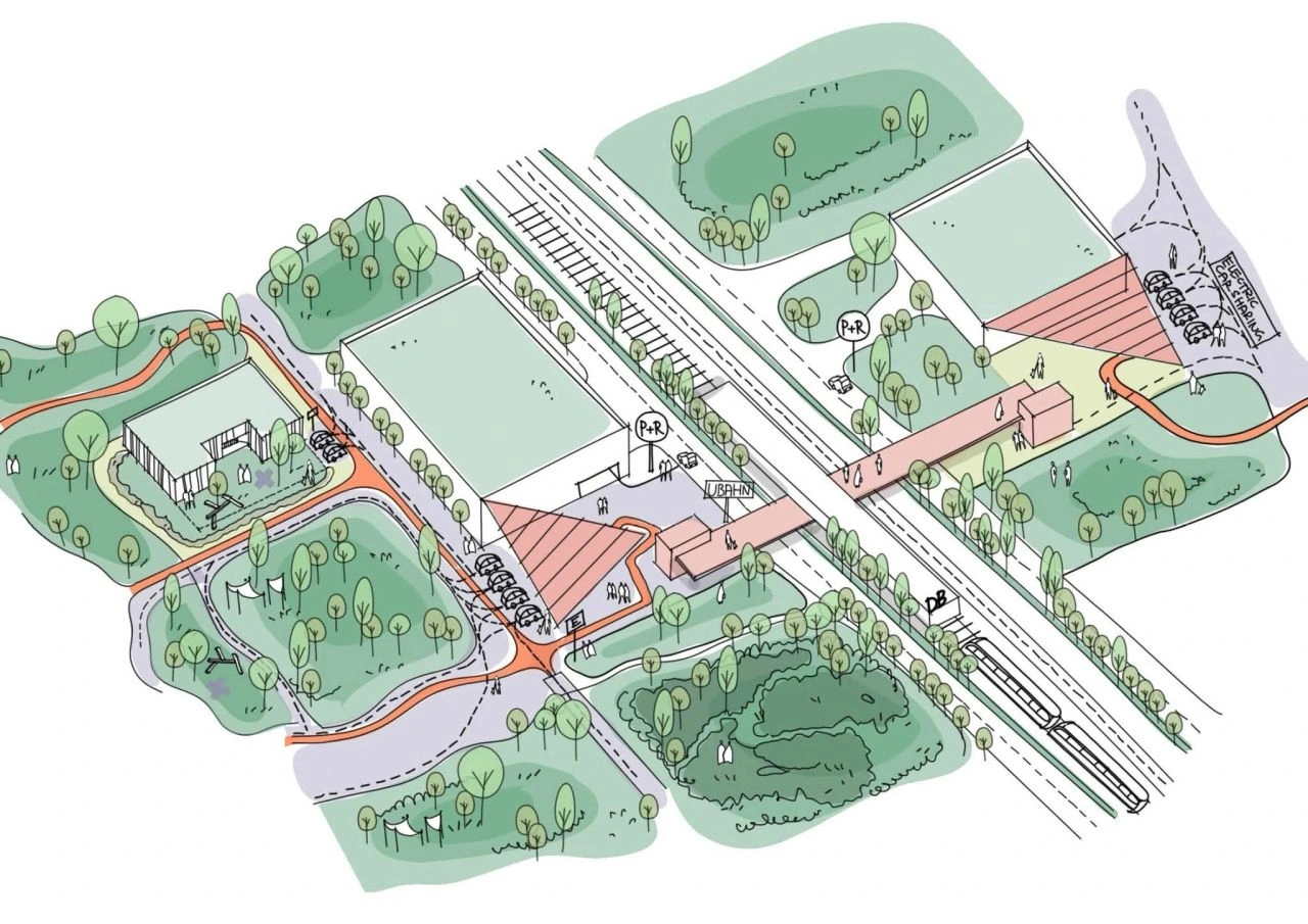 Mobility axonometric: a proposed hub, park-and-ride facilities and pedestrian and cycle connections across the railway.
